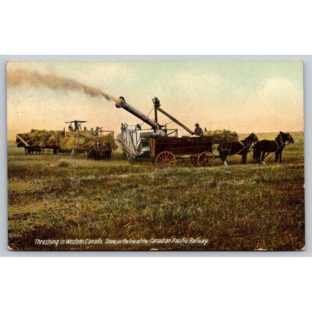 Antique Canada Postcard Threshing Nanton Alberta CPR Railway Farm Horse Wagon